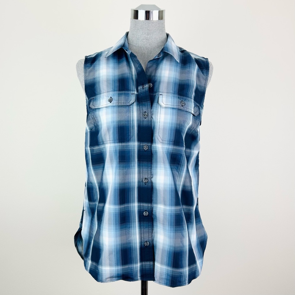 Eddie Bauer WR SL‎ Mountain 2.0 plaid sleeveless button down shirt in blue fog